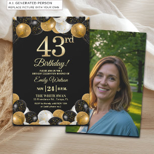 Elegantes Schwarz-Gold-Glitter 43. Geburtstagsfoto Einladung
