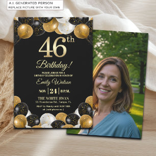 Elegantes Schwarz-Gold-Glitter 46. Geburtstagsfoto Einladung