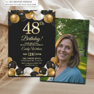Elegantes Schwarz-Gold-Glitter 48. Geburtstagsfoto Einladung