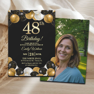 Elegantes Schwarz-Gold-Glitter 48. Geburtstagsfoto Einladung