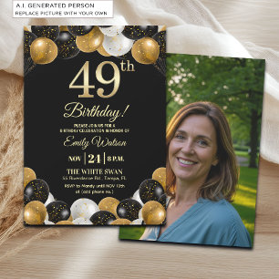 Elegantes Schwarz-Gold-Glitter 49. Geburtstagsfoto Einladung