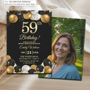 Elegantes Schwarz-Gold-Glitter 59. Geburtstagsfoto Einladung