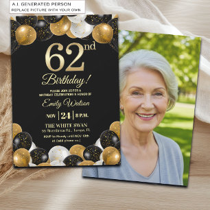 Elegantes Schwarz-Gold-Glitter 62. Geburtstagsfoto Einladung