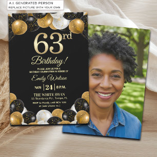 Elegantes Schwarz-Gold-Glitter 63. Geburtstagsfoto Einladung