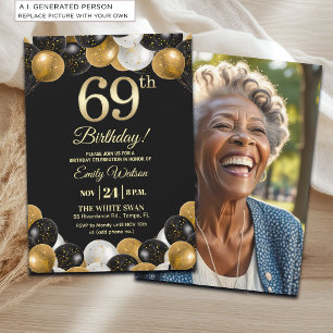 Elegantes Schwarz-Gold-Glitter 69. Geburtstagsfoto Einladung