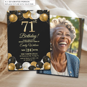Elegantes Schwarz-Gold-Glitter 71. Geburtstagsfoto Einladung
