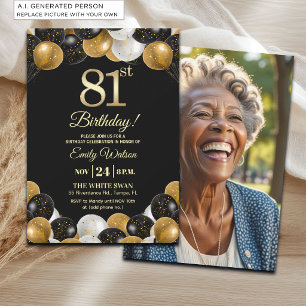 Elegantes Schwarz-Gold-Glitter 81. Geburtstagsfoto Einladung