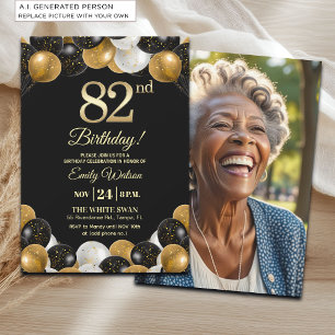 Elegantes Schwarz-Gold-Glitter 82. Geburtstagsfoto Einladung