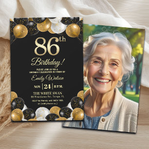 Elegantes Schwarz-Gold-Glitter 86. Geburtstagsfoto Einladung
