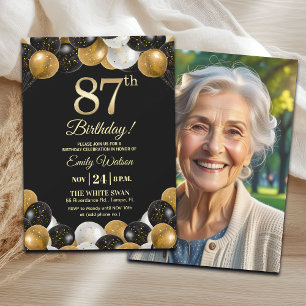 Elegantes Schwarz-Gold-Glitter-87.-Geburtstagsfoto Einladung