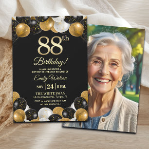 Elegantes Schwarz-Gold-Glitter 88. Geburtstagsfoto Einladung