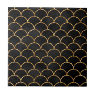 Elegantes Schwarz-Gold-Glitter-Meerjungfrau-Schupp Fliese