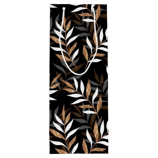 Elegantes Schwarz-Gold-Glitzer-Blätter-Muster Geschenktüte Für Weinflaschen (Rückseite)