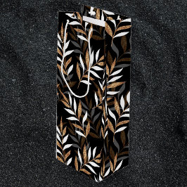 Elegantes Schwarz-Gold-Glitzer-Blätter-Muster Geschenktüte Für Weinflaschen