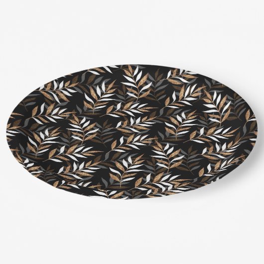 Elegantes Schwarz-Gold-Glitzer-Blätter-Muster Pappteller (Schrägansicht)