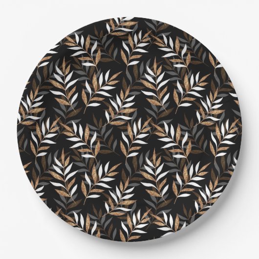 Elegantes Schwarz-Gold-Glitzer-Blätter-Muster Pappteller (Vorderseite)