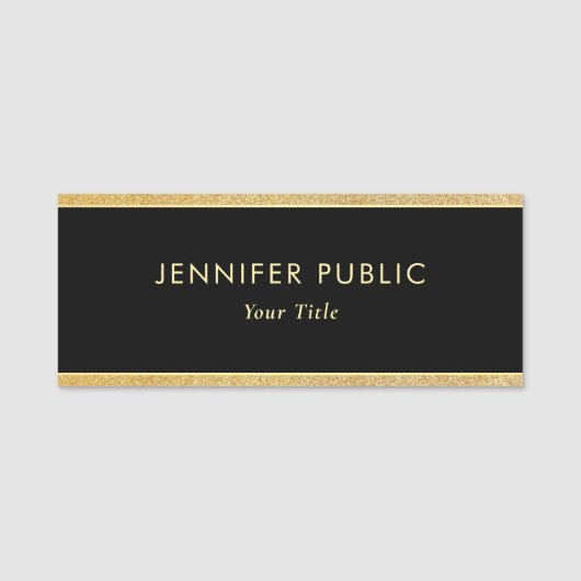 Elegantes Schwarz-Gold-Glitzer-Custom-Rectangle Namensschild (Vorderseite)