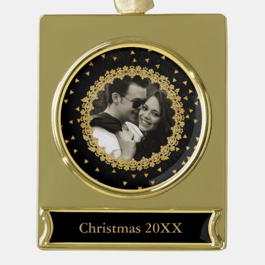 Elegantes Schwarz-Gold-Glitzern-Foto Banner-Ornament Gold (Vorderseite)