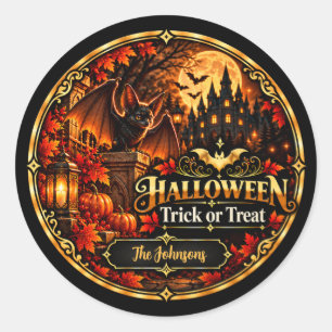 Elegantes Schwarz-Gold-Halloween-Süßigkeiten-oder- Runder Aufkleber