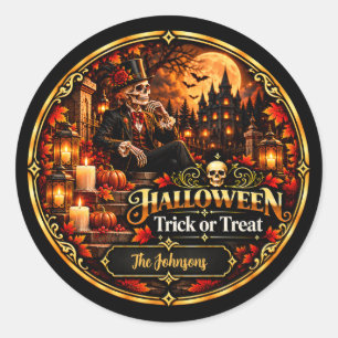 Elegantes Schwarz-Gold-Halloween-Süßigkeiten-oder- Runder Aufkleber