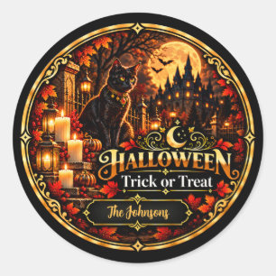 Elegantes Schwarz-Gold-Halloween-Süßigkeiten-oder- Runder Aufkleber