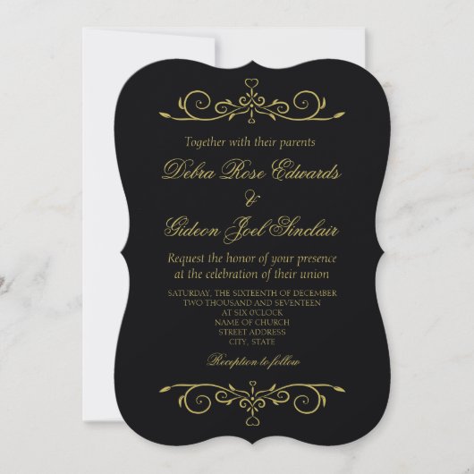Elegantes Schwarz-Gold-Herz-Blüh Hochzeit Einladung (Vorderseite)