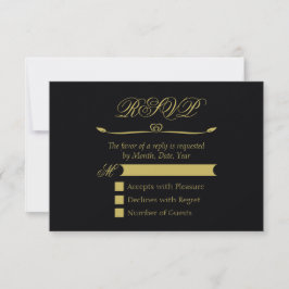 Elegantes Schwarz-Gold-Herz-Blüh Hochzeit RSVP Karte