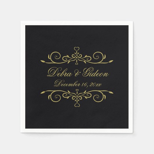 Elegantes Schwarz-Gold-Herz-Blüh Hochzeit Serviette (Vorderseite)