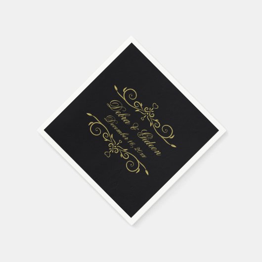 Elegantes Schwarz-Gold-Herz-Blüh Hochzeit Serviette (Ecke)