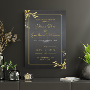 Elegantes Schwarz-Gold Hochzeitsportrait im Vintag Einladung