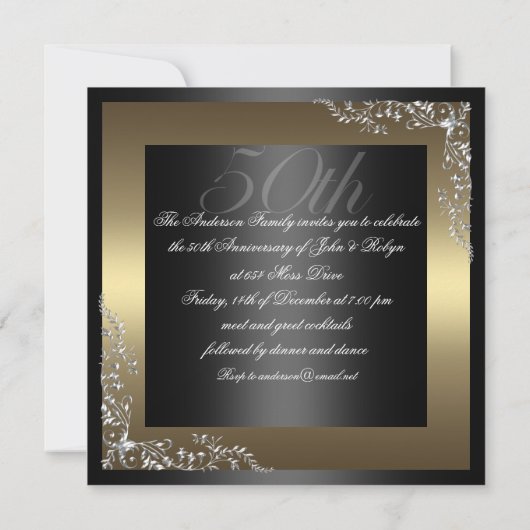 Elegantes Schwarz/Gold Hochzeitstag Einladung (Rückseite)