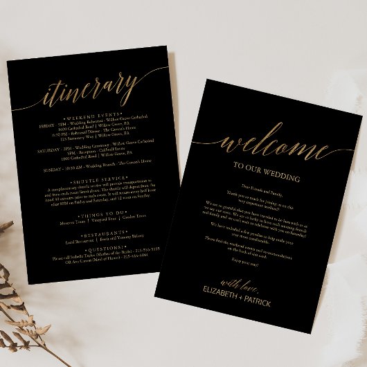Elegantes Schwarz-Gold-Hochzeitswillkommen & Tour