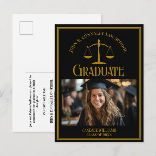 Elegantes Schwarz-Gold-Jura-Abschlussfoto Ankündigungspostkarte