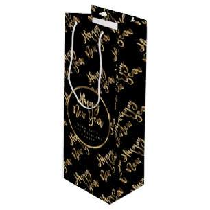 Elegantes Schwarz-Gold-Look-Script glücklich Neue Geschenktüte Für Weinflaschen