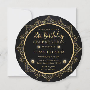 Elegantes Schwarz-Gold-Mandala zum 21. Geburtstag Einladung