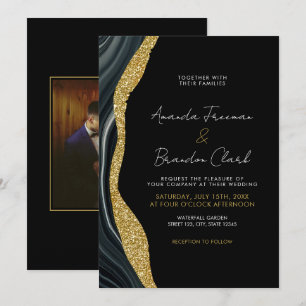 Elegantes Schwarz-Gold-Marmor-Foto Hochzeit Einladung