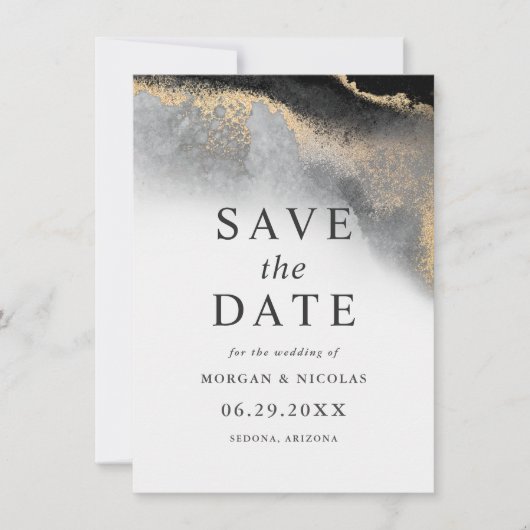Elegantes Schwarz-Gold-Marmor-Foto Save the Date (Vorderseite)