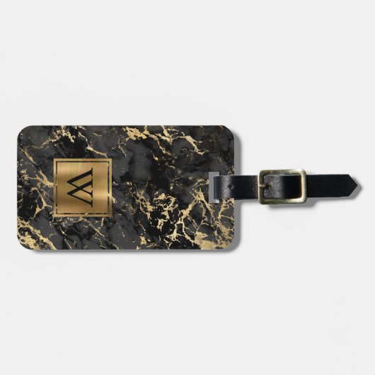Elegantes Schwarz-Gold-Marmor-Monogramm Vertikal Gepäckanhänger (Vorderseite horizontal)