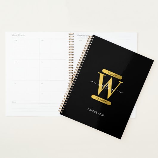 Elegantes Schwarz & Gold Monogram modern Planer (Anzeige)