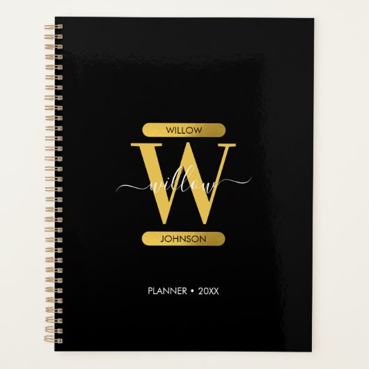 Elegantes Schwarz & Gold Monogram modern Planer (Vorderseite)