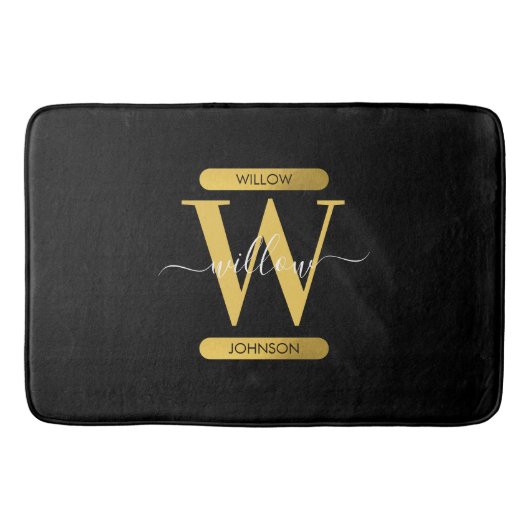 Elegantes Schwarz & Gold Monogram Modernes Skript Badematte (Vorderseite)