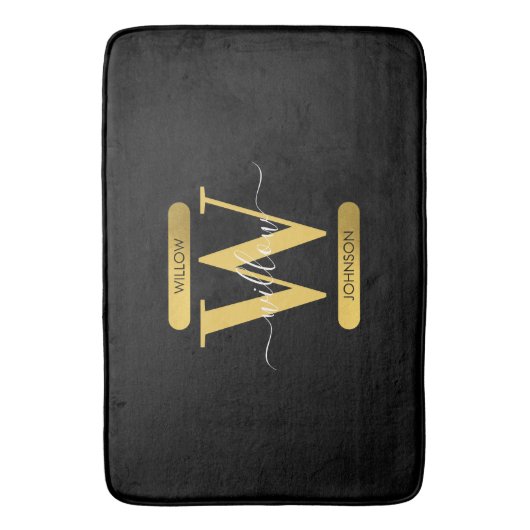 Elegantes Schwarz & Gold Monogram Modernes Skript Badematte (Vorderseite Vertikal)
