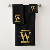 Elegantes Schwarz & Gold Monogram Modernes Skript Badhandtuch Set (Insitu)