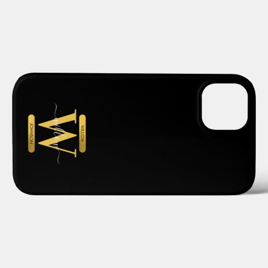Elegantes Schwarz & Gold Monogram Modernes Skript Case-Mate iPhone Hülle (Rückseite (Horizontal))