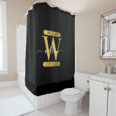 Elegantes Schwarz & Gold Monogram Modernes Skript Duschvorhang (Beispiel)