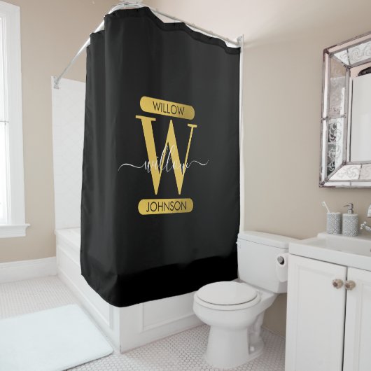 Elegantes Schwarz & Gold Monogram Modernes Skript Duschvorhang (Beispiel)