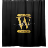 Elegantes Schwarz & Gold Monogram Modernes Skript Duschvorhang (Vorderseite)