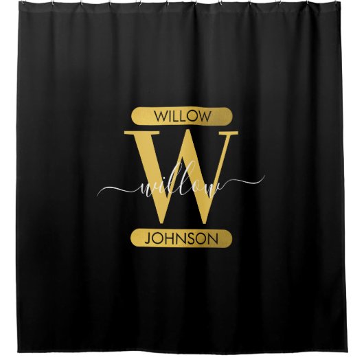 Elegantes Schwarz & Gold Monogram Modernes Skript Duschvorhang (Vorderseite)