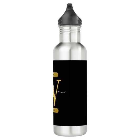 Elegantes Schwarz & Gold Monogram Modernes Skript Edelstahlflasche (Rechts)