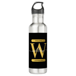 Elegantes Schwarz & Gold Monogram Modernes Skript Edelstahlflasche